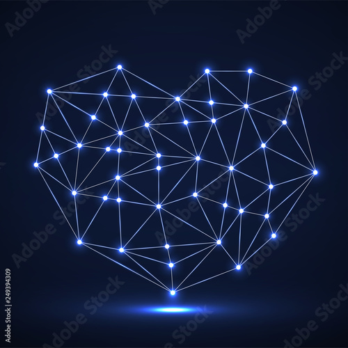 Abstract neon geometric heart of lines and dot, glowing polygonal shape. Valentine s day background