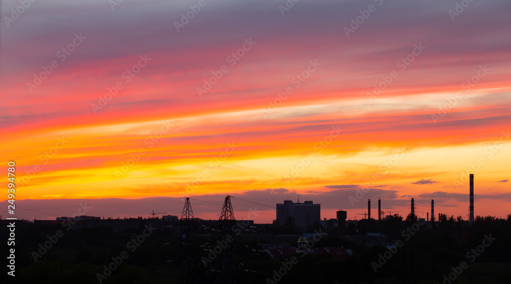 red sky at sunset. beautiful overflows of colors at sunset, urban landscape