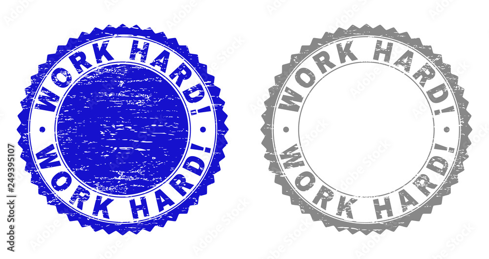 Grunge WORK HARD! stamp seals isolated on a white background. Rosette seals with grunge texture in blue and grey colors. Vector rubber stamp imprint of WORK HARD! label inside round rosette.