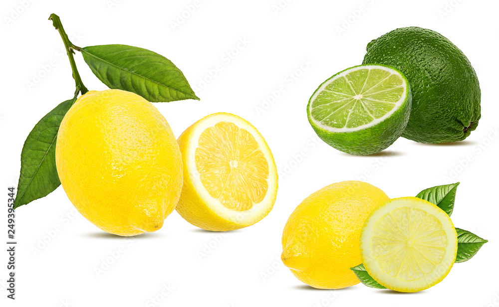 Fresh lemon and lime isolated on white background with clipping path