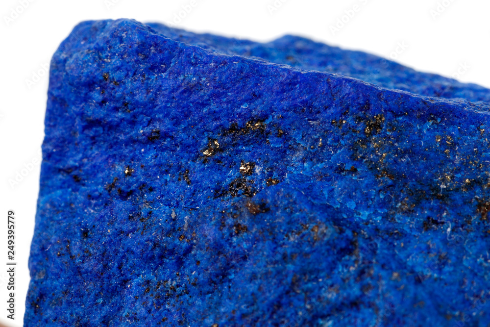 Macro Azurite mineral stone with Pyrite inserts on a white background Macro Azurite mineral stone with Pyrite inserts on a white background