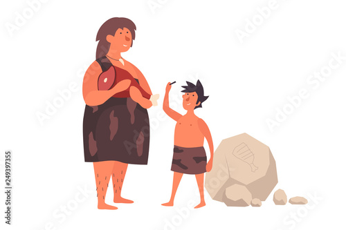 A primitive woman, dressed in her skin, holds meat and talks to her child. The life of Neanderthals and cavemen. Vector flat illustration on white isolated background.
