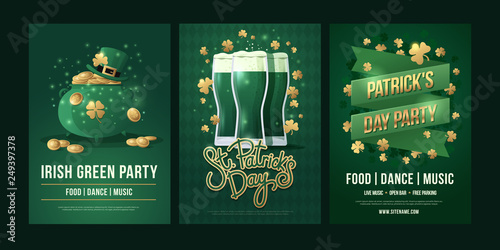 Large set of posters with symbols of Irish holiday on green background. Green pot and Leprechaun hat with gold coins, the inscription: "St. Patrick's Day", three beer glasses. Vector illustration.