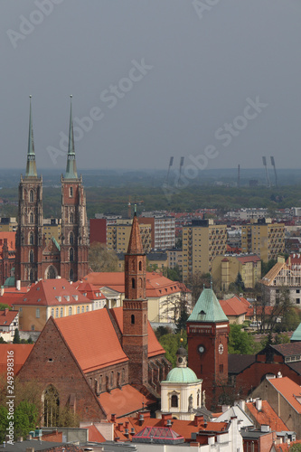 View from the tower of the church of Saint Elizabeth to the Cathedral, Ostrów Tumski, old town, churches, tenements, blocks of flats, the Olympic Stadium. Wrocław, Breslau, Wroclaw, Poland, Polen