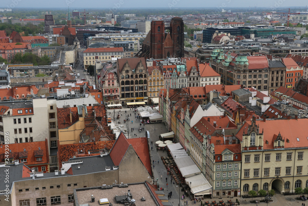 Warm, spring day in Wroclaw. View from the church tower of St. Elisabeth to the square, churches, old town, buildings, tenement houses, office blocks. Wrocław, Breslau, Polen, Polska, Poland