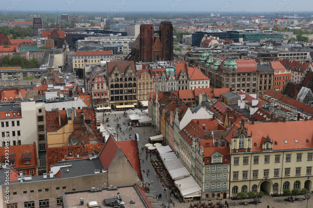Warm, spring day in Wroclaw. View from the church tower of St. Elisabeth to the square, churches, old town, buildings, tenement houses, office blocks. Wrocław, Breslau, Polen, Polska, Poland