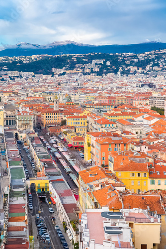 Nice, aerial view of the promenade des Anglais, the old town, on the French Riviera, with the Cours Saleya and the place Massena in background photo