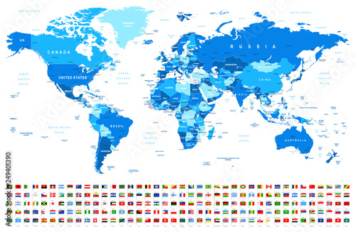 Blue World Map and Flags - borders  countries and cities -illustration