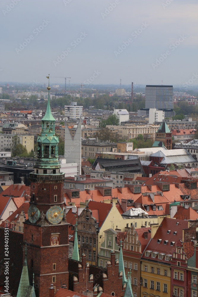 Warm, spring day in Wroclaw. View from the tower of the church of St. Elisabeth to the town hall, market square, old town, tenements, buildings. Wrocław, Breslau, Lower Silesia, Poland, Polen, Polska