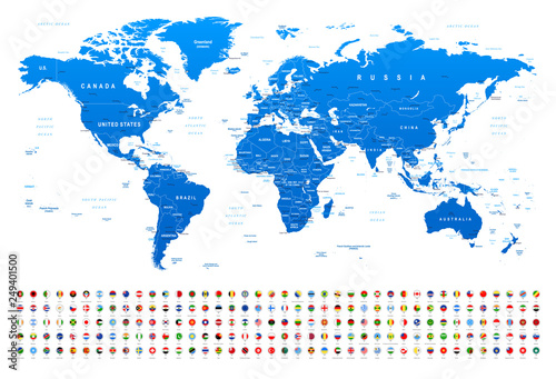 Fototapeta Naklejka Na Ścianę i Meble -  Blue World Map and Flags - borders, countries and cities -illustration
