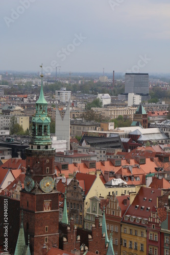 Warm, spring day in Wroclaw. View from the tower of the church of St. Elisabeth to the town hall, market square, old town, tenements, buildings. Wrocław, Breslau, Lower Silesia, Poland, Polen, Polska