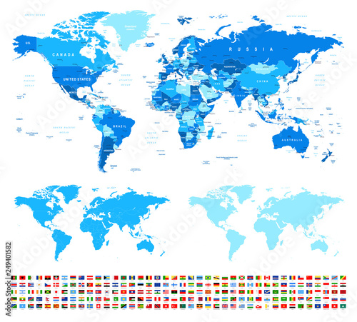 Mapa świata i flagi - granice, kraje i miasta - ilustracja