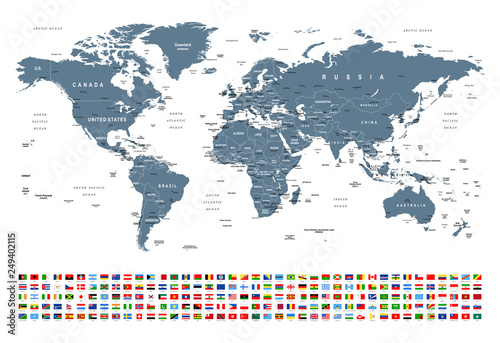 Fototapeta Naklejka Na Ścianę i Meble -  World Map and Flags - borders, countries and cities -illustration