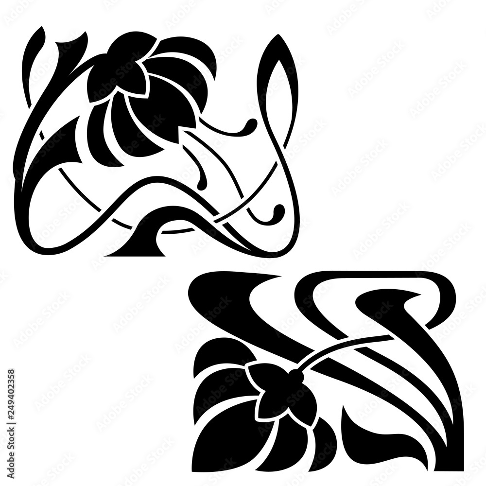 Art Nouveau style decorative elements. Stylized flowers as headers or  corners. Stencils. Stock Vector | Adobe Stock