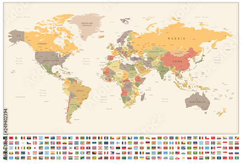 World Map and Flags - borders  countries and cities - vintage illustration