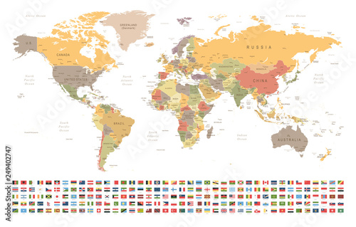 Mapa świata i flagi - granice, kraje i miasta - vintage ilustracji
