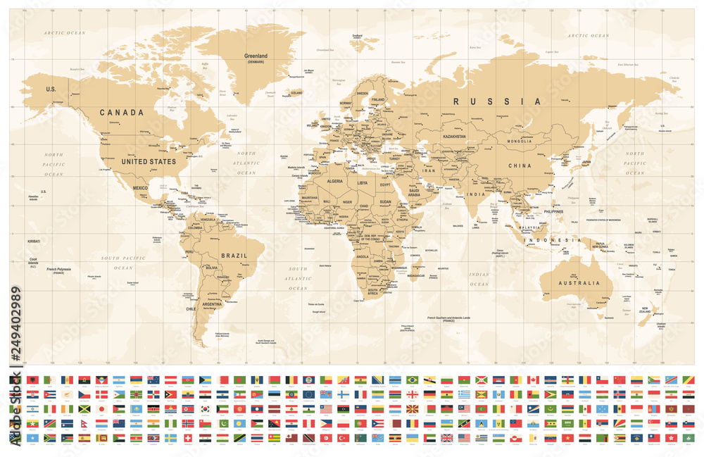 Naklejka Mapa świata i flagi - granice, kraje i miasta - vintage ilustracji