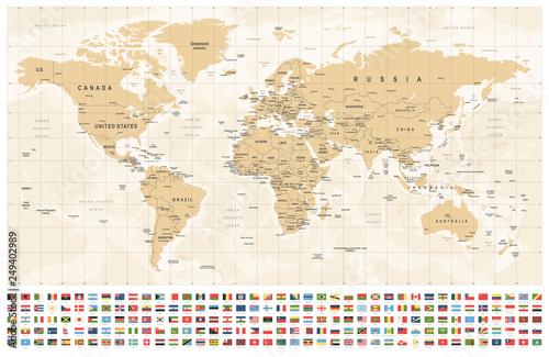World Map and Flags - borders  countries and cities - vintage illustration