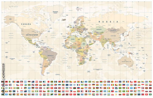 Fototapeta Naklejka Na Ścianę i Meble -  World Map and Flags - borders, countries and cities - vintage illustration