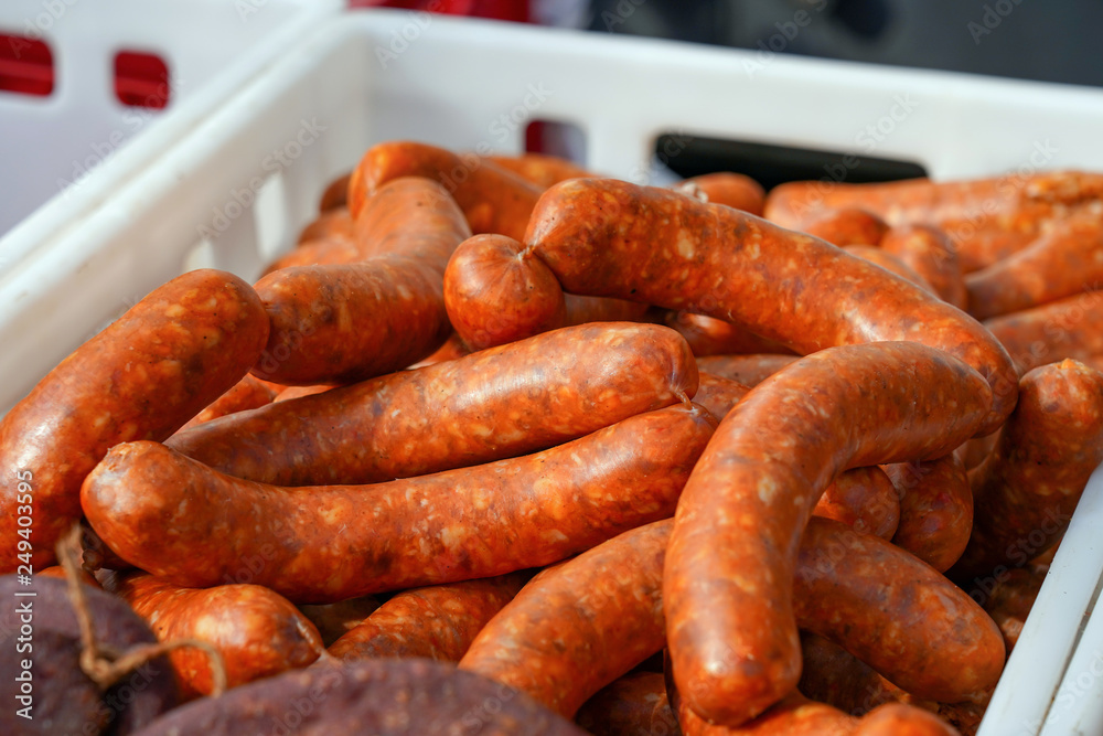 Delicious Sausages Exposed for Sale in the Market Delicious Sausages Exposed for Sale in the Market