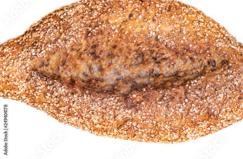 The texture of the crust of bread. Tasty fresh bread, close up. Macro of a french loaf showing the texture of the crust baked brown and golden. Flat lay. Food concept. A place for your inscription