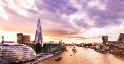 London skyline at sunset. Panoramic view of the city on a spring day