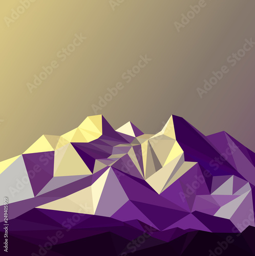 Image  snow mountains peak banner. Polygonal art. Blue, violet and yellow  tones.