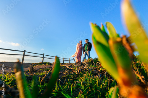 green grass in the foreground and a couple in love near the fenc