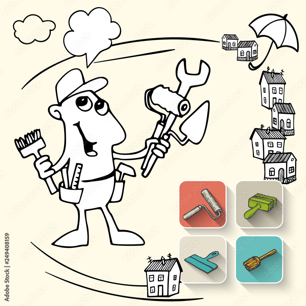 worker character such as repairman with Idea bulb, man standing with a set of tools for repair in the hands. set of icons with tools and houses