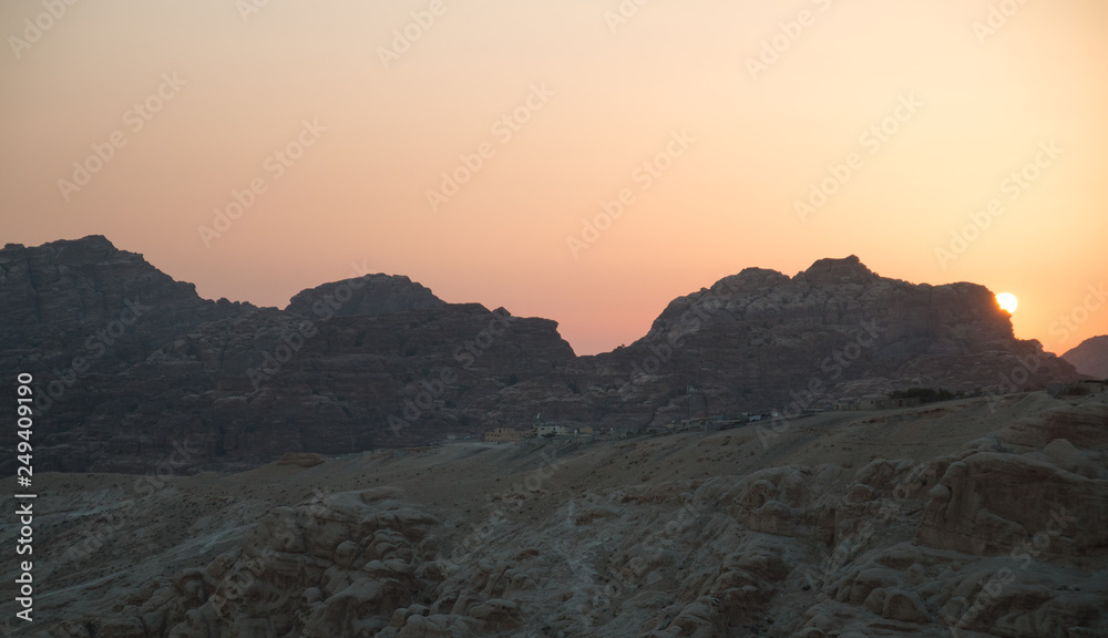 Sunset behind mountains, Wadi Musa, Jordan