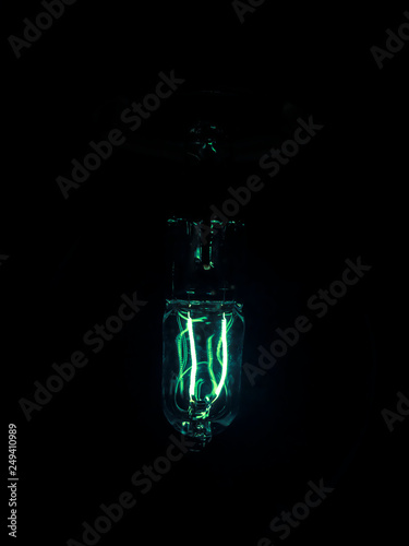 Green light bulb close-up, black background © thr3iog