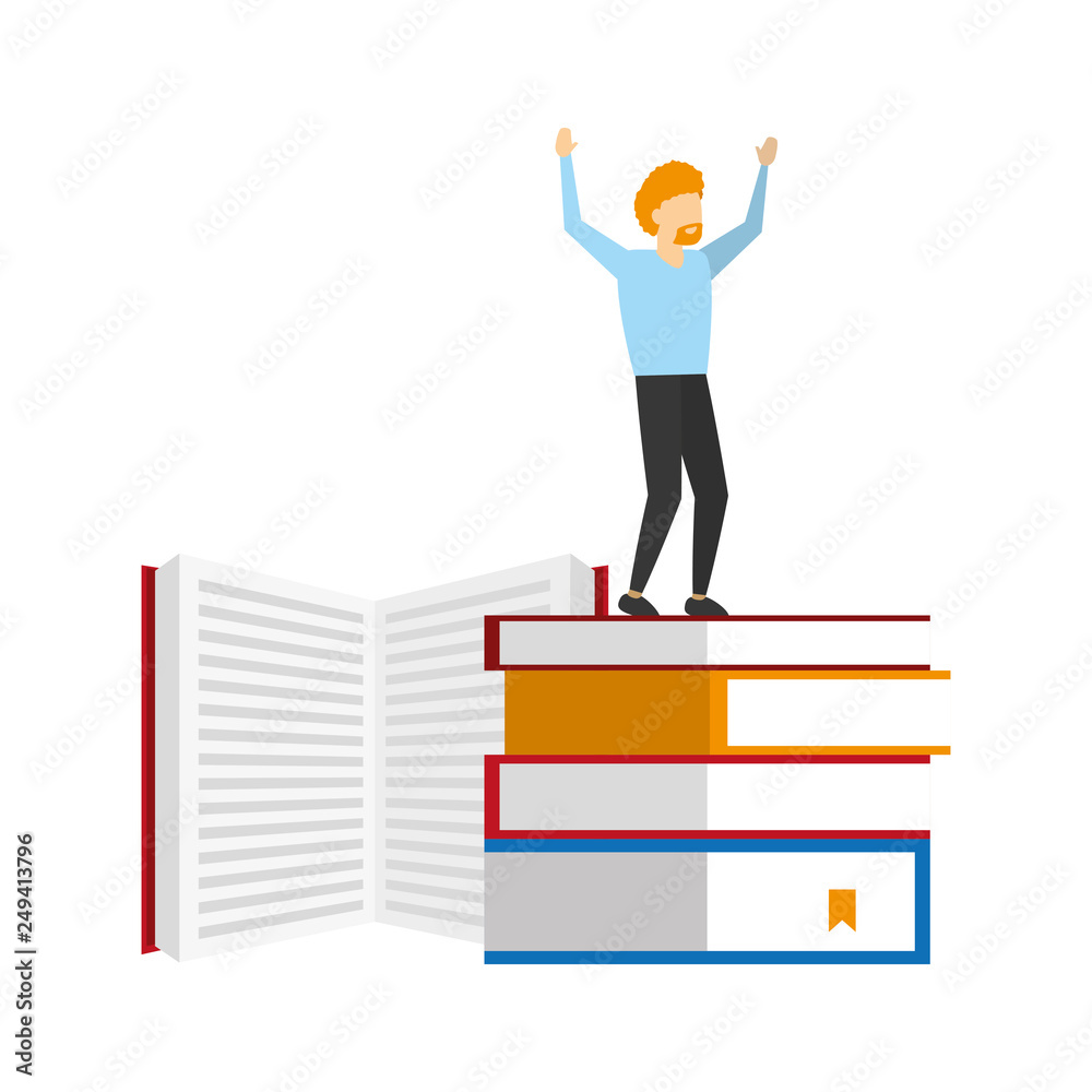 winning man standing on stack books winning man standing on stack books