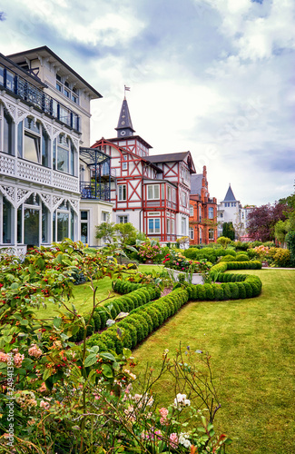 Historic houses with front yard in Binz. Summer city on the Baltic Sea coast. R  gen is a popular tourist destination. Germany