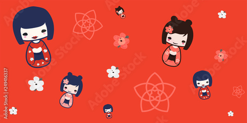 Vector illustration for anime, manga and japanese culture events: Kokeshi Doll red seanless pattern. Anime styled Kokeshi Girl.