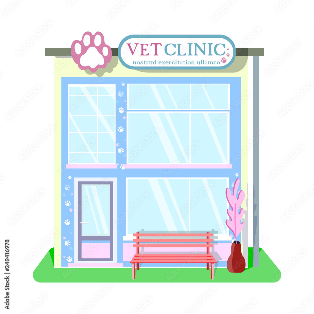 Veterinary medicine or hospital, clinic for animals. Shop or store for vet or veterinarian to cure ill or sick pets disease. Healthcare or treatment for wild or domestic animals. Facade exterior view