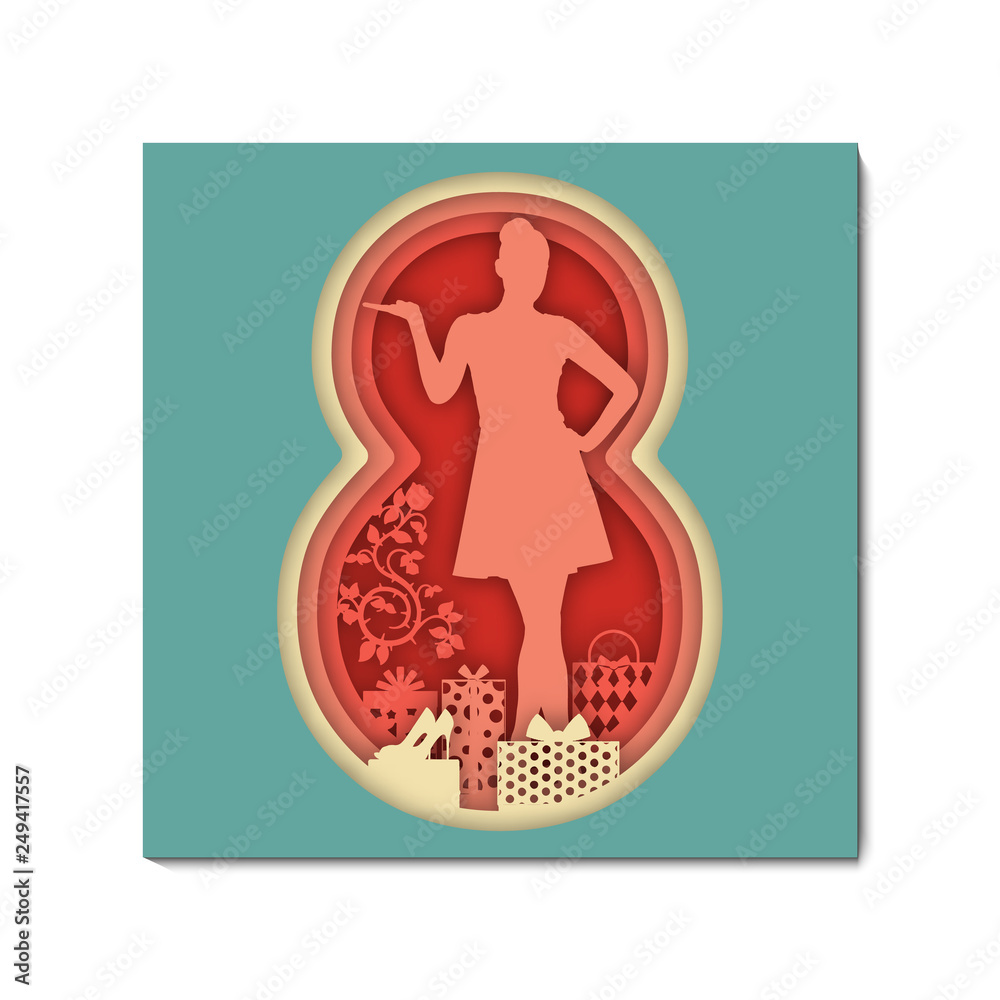 Obraz premium 3d abstract paper cut retro style illustration of colorful paper art 8 march, roses, gifts, shoes and red eight shape. Greeting 8 march card template in paper art style.