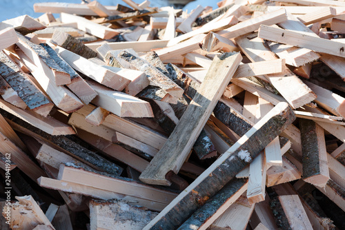 Wood waste. Wreck boards. Waste from the boards. Firewood.