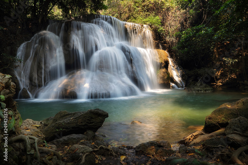 Fototapeta Naklejka Na Ścianę i Meble -  A beautiful view of Huay Mae khamin waterfall at Kanchanaburi province in Thailand. traveling and attractions concept