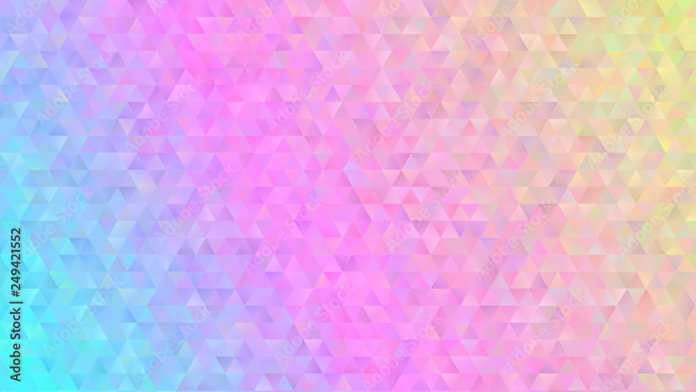 Holographic Gradient Triangle Pattern Vector Background. Psychedelic Multicolored Neon Low Poly Surface. Blue, Pink and Yellow Faceted Geometric Print. Abstract Backdrop 9:16 Aspect Ratio.