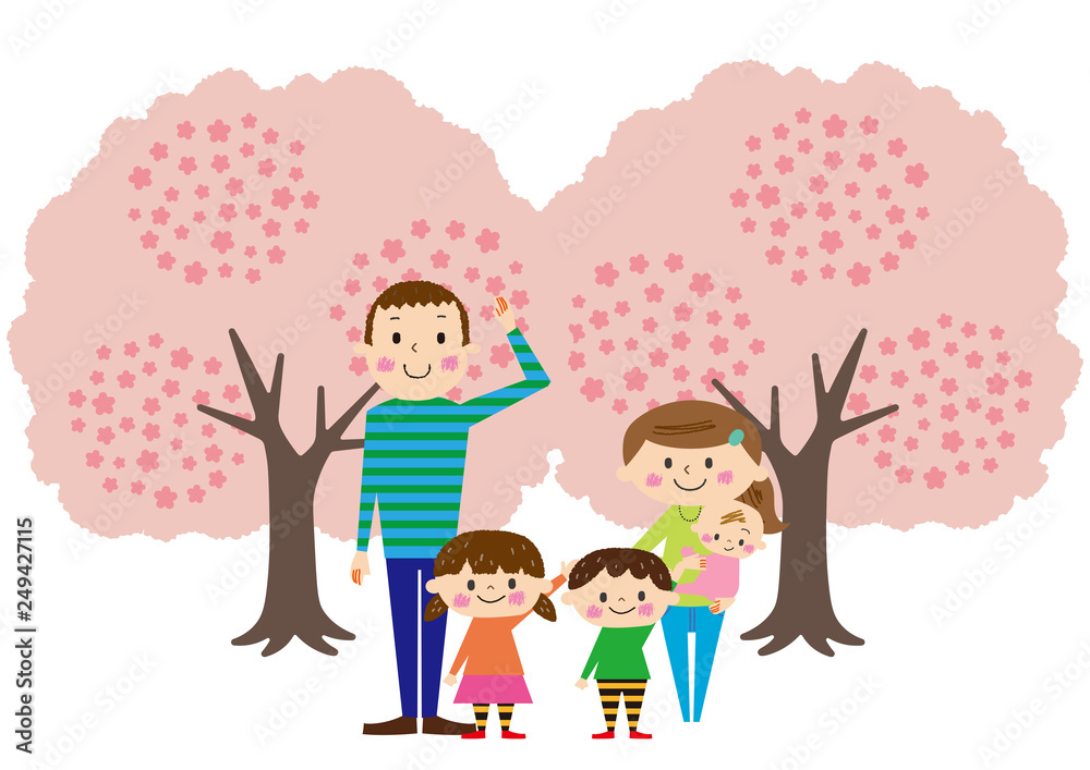 お花見で桜を楽しむ家族 お花見で桜を楽しむ家族