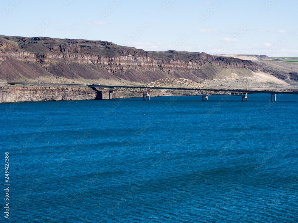 View over Columbia river and I-90 Vantage bridge from Ginkgo Petrified Forest State Park