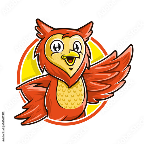 Owl mascot character, vector of owl cartoon smiling in circle background