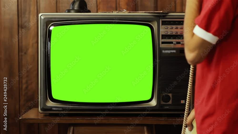 TV Transition Effect, Zoom into Old Television Set Green Screen in Living Room to Piled Retro TV with Intermittent Green Screens. Two Clips in One.