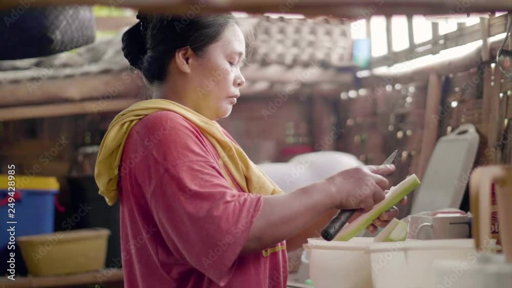 Asian woman cutting vegetable while cooking food on home kitchen. Housewife cooking vegetarian dinner o traditional kitchen in bamboo house. Domestic asian cuisine.