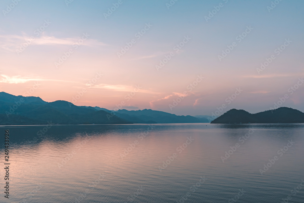 Scenery after sunset of Kwai Yai river at Srinagarind Dam in Kanchanaburi, Thailand