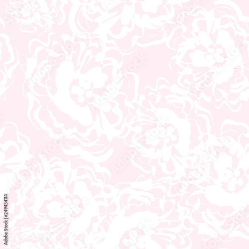 Romantic lacy seamless pattern of white roses on a pink background. Repeating vector background texture for cards and invitations, wedding announcements, textiles, decor and graphic and web design.