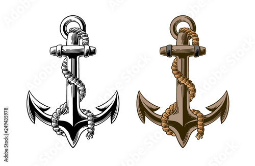 Tableau sur toile Hand drawn anchor with rope Isolated on white background