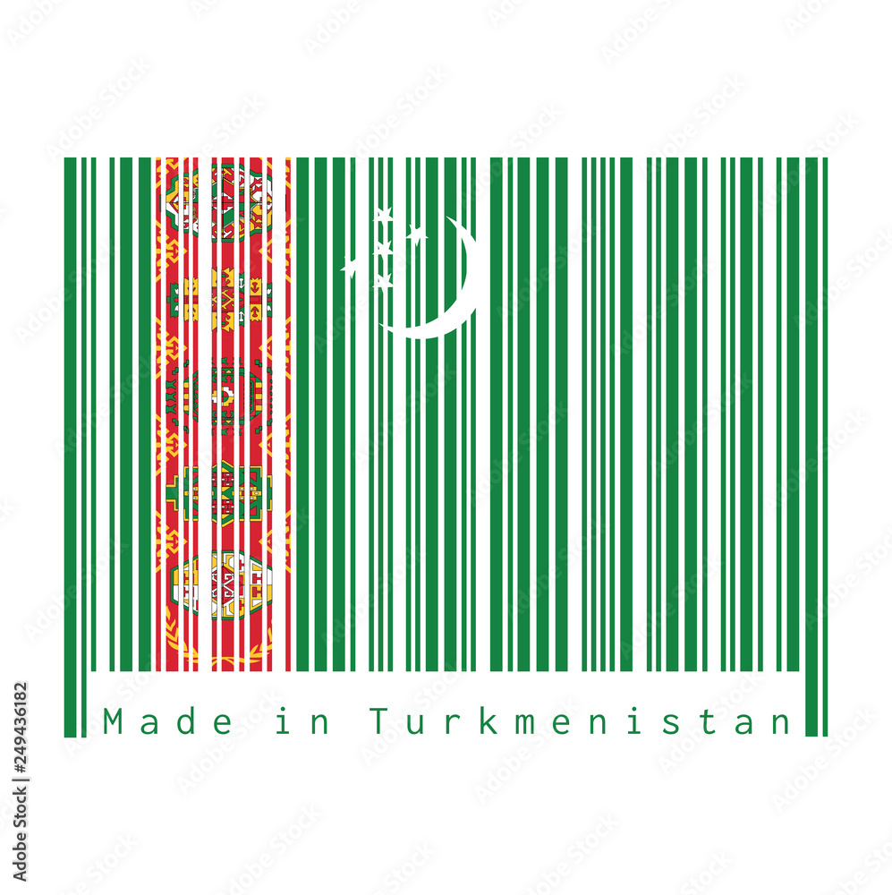 Barcode set the color of Turkmen flag, green field with red stripe containing five carpet guls stacked above two crossed olive branches; crescent and stars. Barcode set the color of Turkmen flag, green field with red stripe containing five carpet guls stacked above two crossed olive branches; crescent and stars.