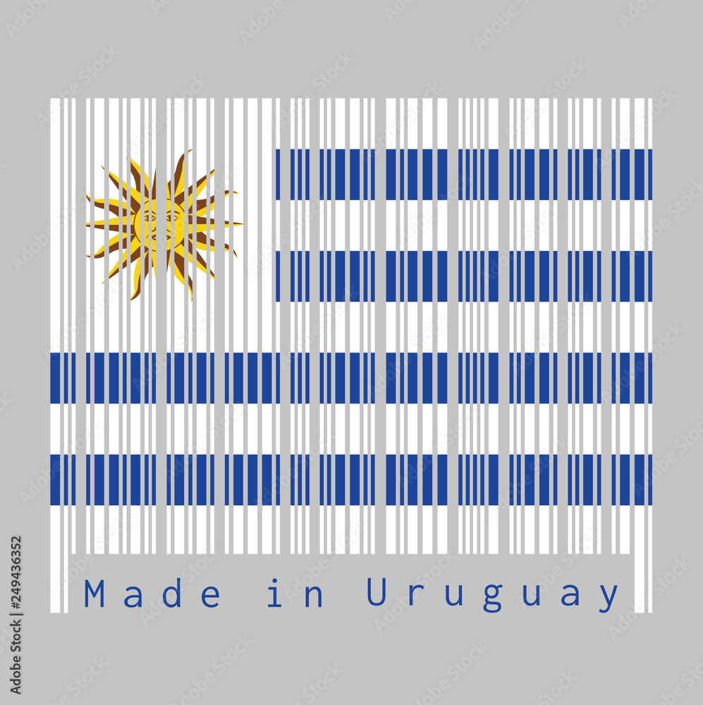 Obraz premium Barcode set the color of Uruguay flag, horizontal stripes of white alternate with light blue and the Sun of May.