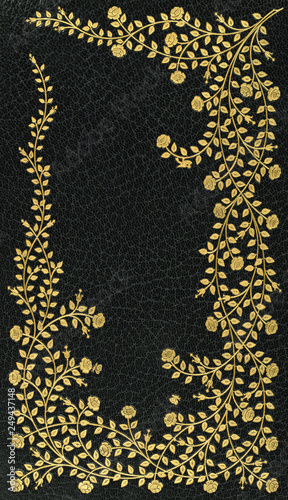 19th century book cover pattern from 1898 book with spray of roses and leaves against dark blue pattern